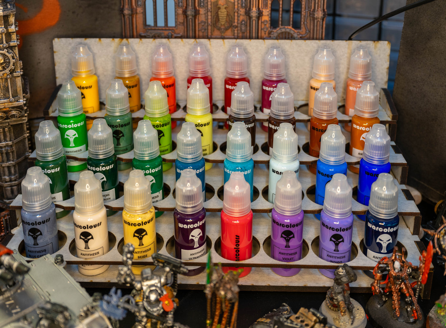 A collection of colourful paint bottles made in Cyprus